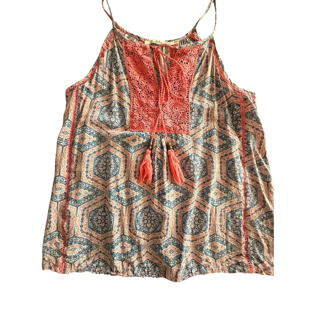 Solitaire Women Small Flirty Boho Medallion Print Crochet Tassel Cami Top Coral